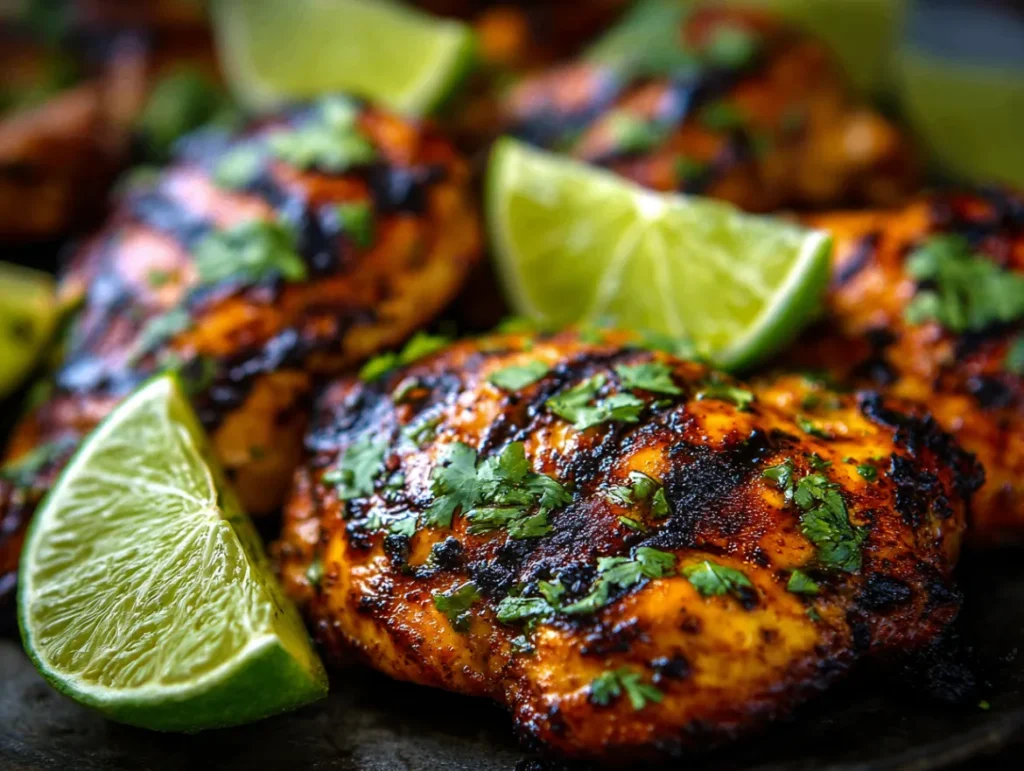 Beautifully charred chicken pieces with distinctive grill marks showing golden-brown and slightly blackened edges, garnished with fresh lime wedges, cilantro, and colorful Mexican spices, arranged on a rustic serving platter with vibrant presentation.