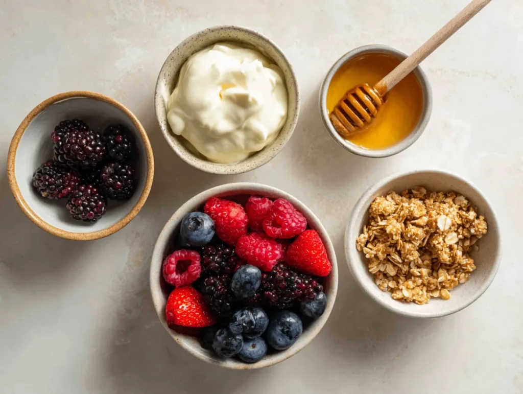 Greek Yogurt Parfait: 5 Amazing Breakfast Layers 2 Ingredients for Greek yogurt parfait laid out on kitchen counter