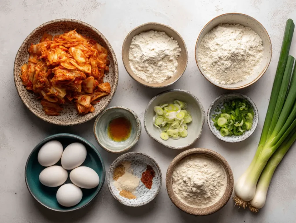 Kimchi Pancakes: How to Make Perfect Savory Pancakes 2 Ingredients for Kimchi Pancakes laid out on kitchen counter