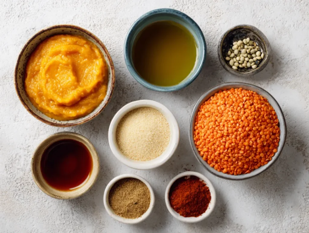 Creamy Pumpkin Lentil Soup: 5 Simple Ingredients 2 Ingredients for creamy pumpkin lentil soup laid out on kitchen counter
