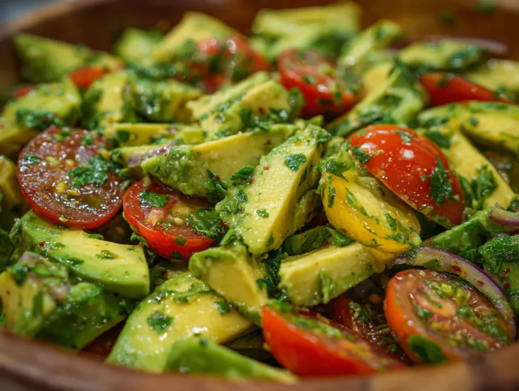 Avocado Salad: How to Make 7 Delicious Variations 1 Vibrant bowl of chunky avocado salad featuring emerald green avocado pieces mixed with colorful vegetables like cherry tomatoes, red onion, and fresh herbs, dressed with a light citrus vinaigrette and garnished with lime wedges.