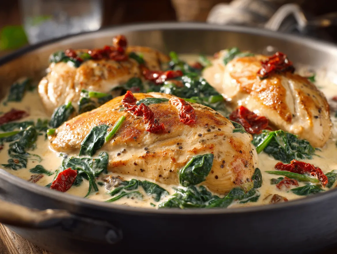 Healthy Tuscan Chicken - creamy sauce with sun-dried tomatoes and spinach