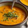Creamy pumpkin lentil soup - homemade recipe with fall spices and herbs