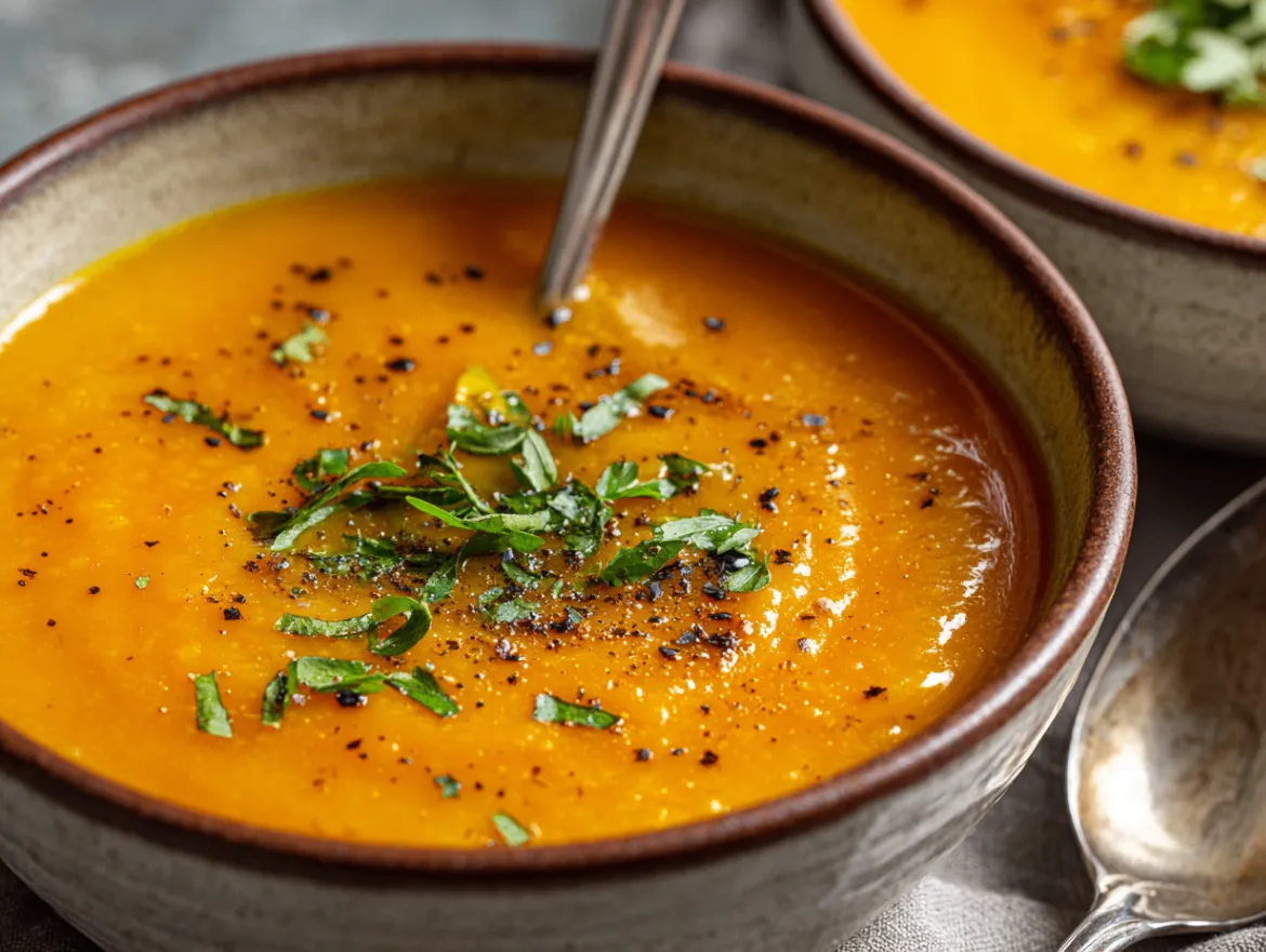Creamy pumpkin lentil soup - homemade recipe with fall spices and herbs