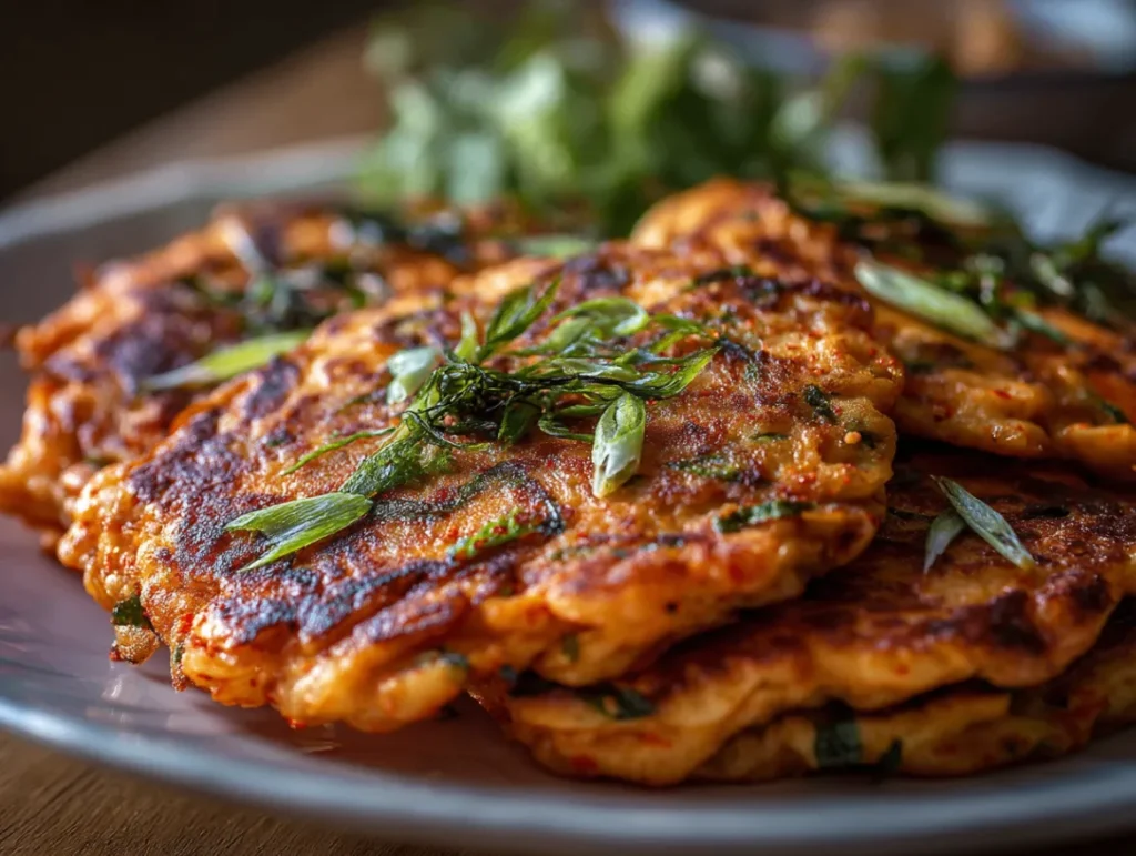 Kimchi Pancakes: How to Make Perfect Savory Pancakes 1 Golden-brown, circular kimchi pancakes with visible red kimchi pieces throughout, crispy edges, and a slightly raised texture, served on a rustic plate with a small dipping sauce bowl on the side.