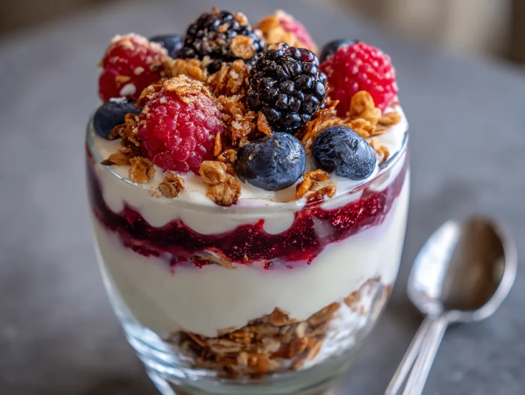 Greek Yogurt Parfait: 5 Amazing Breakfast Layers 1 Tall clear glass filled with alternating layers of creamy white Greek yogurt, colorful fresh berries, and golden granola, topped with a drizzle of honey and a mint leaf garnish, showing distinct beautiful layers throughout.