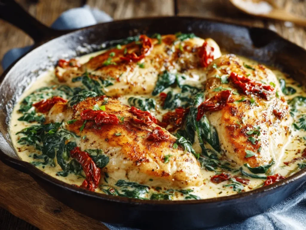 Healthy Tuscan Chicken: Easy 30-Minute Recipe 1 Tender chicken breast pieces in a creamy, light-colored sauce studded with vibrant sun-dried tomatoes, fresh spinach leaves, and herbs, served in a rustic skillet with golden-brown chicken showing appetizing sear marks.