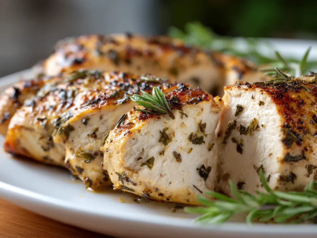 Turkey Tenderloins: How to Cook 7 Amazing Ways 1 Golden-brown turkey tenderloins sliced to reveal juicy, pale pink interior, arranged on a serving platter with visible herb coating and garnished with fresh rosemary sprigs, accompanied by roasted vegetables in warm lighting.