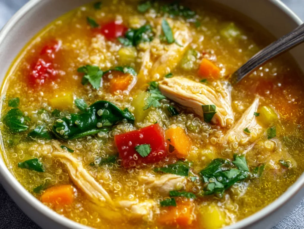 Easy Chicken Quinoa Soup: 5 Secrets for Amazing Results 1 Steaming bowl of golden chicken quinoa soup with visible tender chicken pieces, fluffy quinoa grains, colorful diced vegetables like carrots and celery, fresh herbs floating on the surface, and a rich, clear broth in a rustic ceramic bowl.