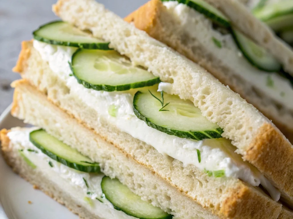 Cucumber Sandwiches: 5 Easy Steps to Perfect Tea Time Treats 3 cucumber sandwiches showing layers of cream cheese and thin cucumber