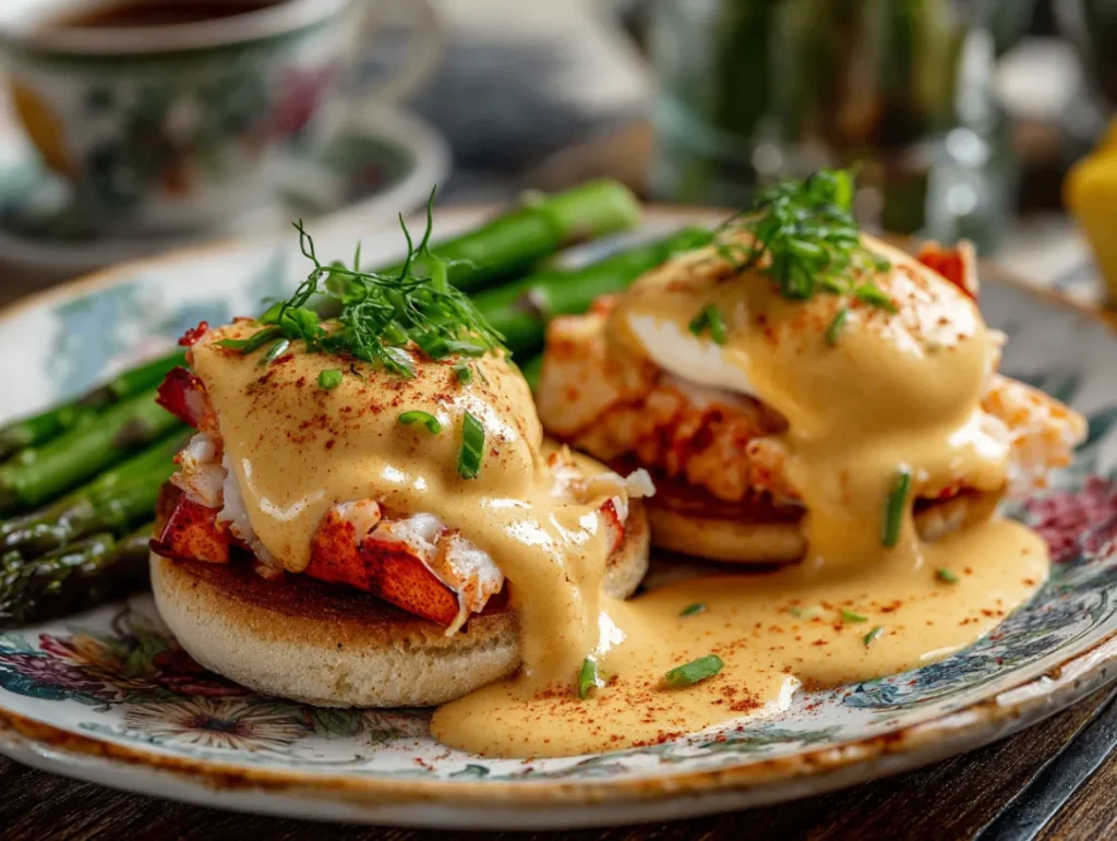 Bay Lobster Eggs Benedict with Cajun Hollandaise in 30 Min 1 Golden-brown English muffin topped with juicy bay lobster meat, perfectly poached egg, and spiced Cajun hollandaise sauce with a sprinkle of paprika and fresh herbs.