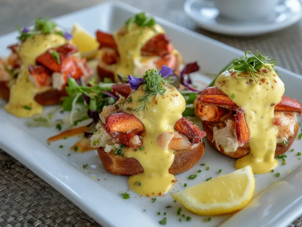 Bay Lobster Eggs Benedict with Cajun Hollandaise in 30 Min 3 Elegant breakfast plate featuring poached eggs topped with chunks of bay lobster meat and drizzled with orange-tinted Cajun hollandaise sauce, served on toasted English muffins with fresh herbs as garnish.