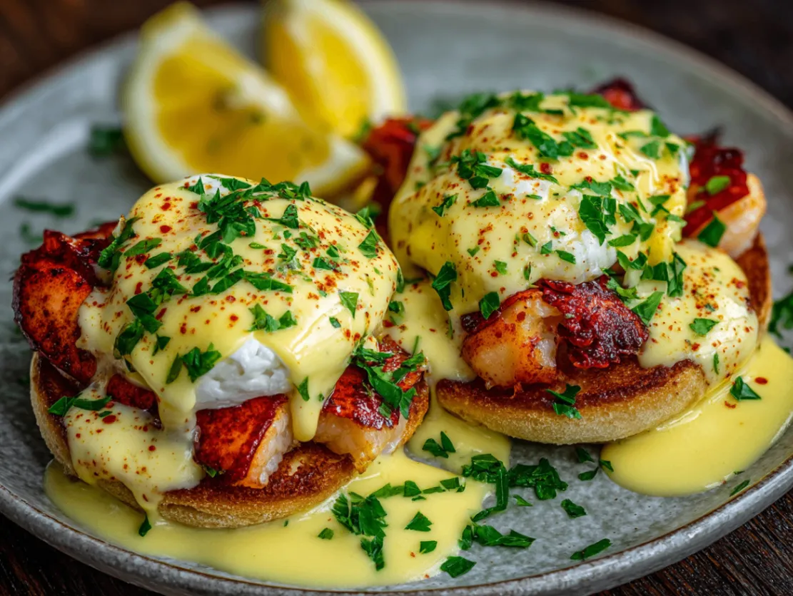 Two poached eggs on English muffins topped with chunks of lobster meat and drizzled with spicy orange-red Cajun hollandaise sauce, garnished with fresh herbs.