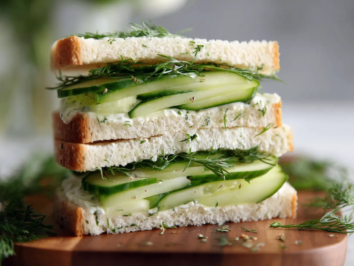 Elegant triangle-cut cucumber sandwiches on white bread with fresh dill garnish arranged on a vintage serving plate.