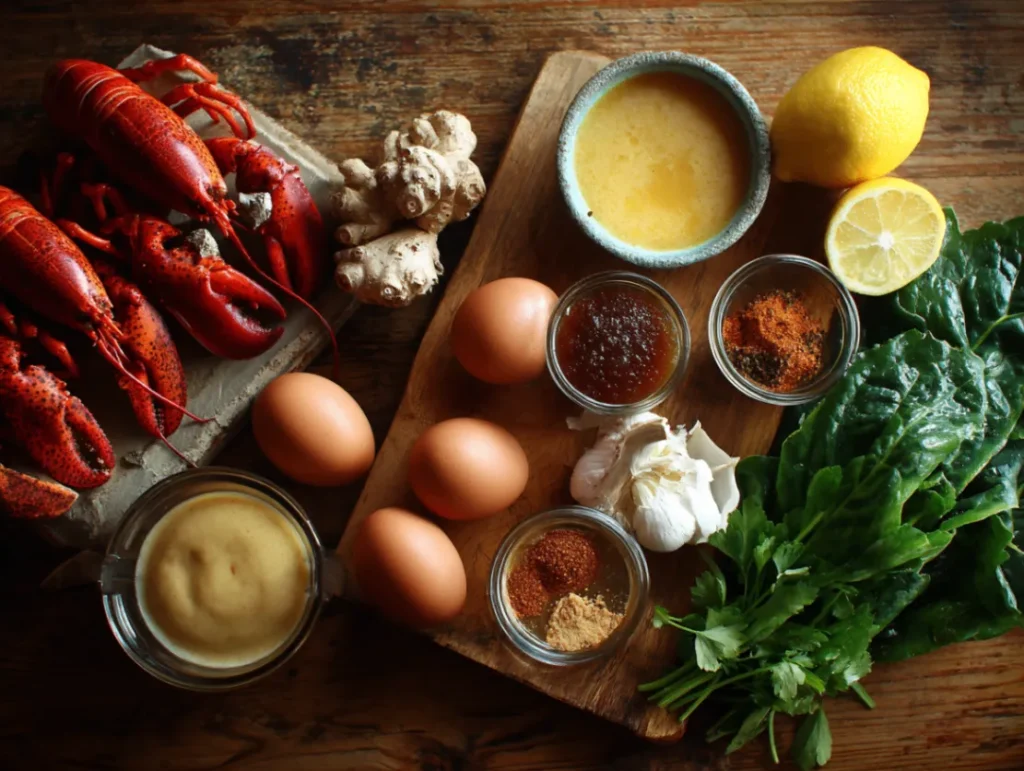 Bay Lobster Eggs Benedict with Cajun Hollandaise in 30 Min 2 Arranged ingredients for Bay Lobster Eggs Benedict including fresh lobster meat, English muffins, eggs, butter, cayenne pepper, paprika, lemon, and herbs on a wooden cutting board.